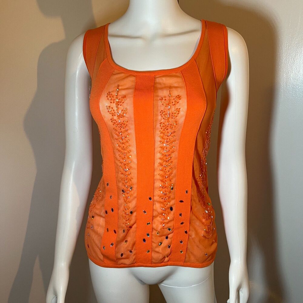 Vintage Y2K European Mesh Bedazzled Tank Top L Orange Retro 90s Fairy Indie Euro